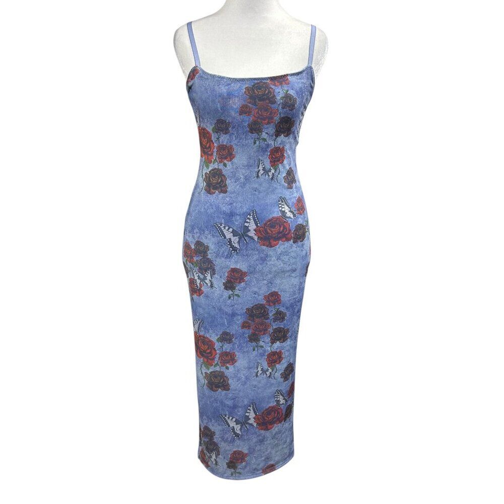 Forever 21 Whimsigoth Rose Butterfly Print Tattoo Midi Dress Sz S Blue